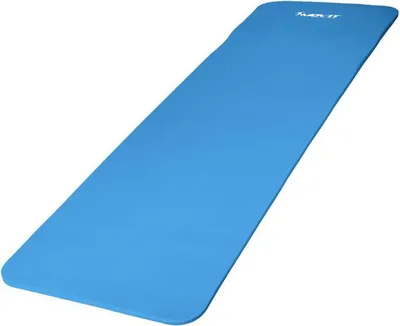 A blue yoga mat is shown on a white background.