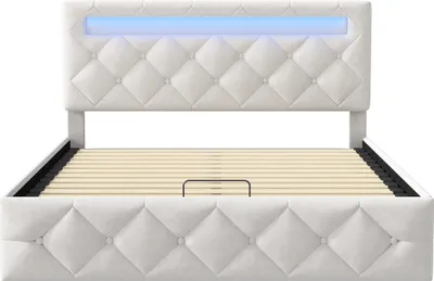 Image de Lit rembourré hydraulique 160x200cm avec LED, lit de rangement avec sommier à lattes, lit double pour adolescents Lit boxspring avec espace de rangement, similicuir, blanc