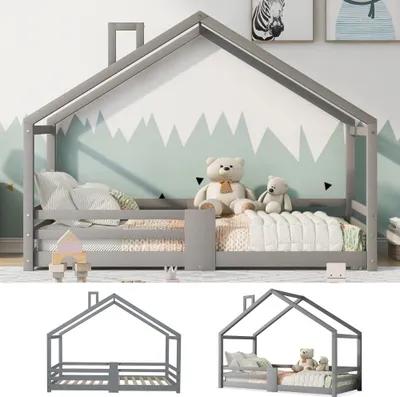 Immagine prodotto di Letto per bambini AIORBER, con design a camino, rete a doghe, griglia su quattro lati, pino, protezione anticaduta, 90 x 200 cm, grigio