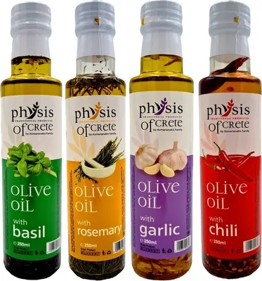 Produktbild von Physis of Crete Aromatisierte Olivenöle 4er Set (4 × 250 ml) – Basilikum, Rosmarin, Knoblauch, Chili