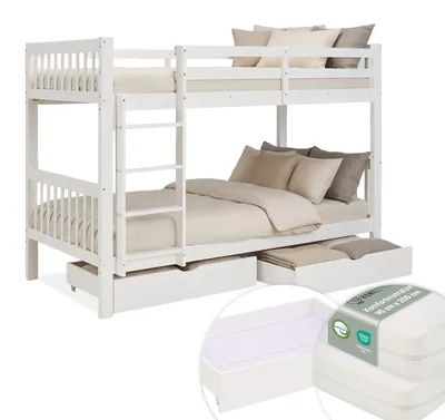 Image de Lit superposé 90x200 cm avec Matelas Lit en Bois Rangement Blanc Lit mezzanine Lit enfant avec échelle Deux lits simples
