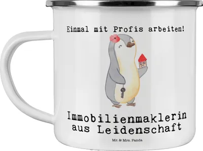 Produktbild von Mr. & Mrs. Panda emaillebecher Immobilienmaklerin Leidenschaft - Weiß - Geschenk, Teetasse, Lustig, becher emaille, Witzig, Pott, Ausbildung, Teebecher, Emailletasse