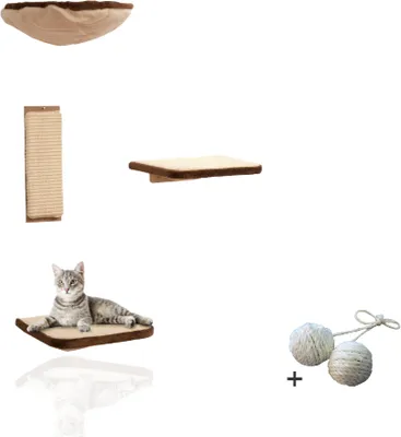 Produktbild von Rohrschneider Vierteilige Katzen Kletterwand Katzenmöbel Wandmontage Wandelemente Katzenspielzeug mit Wandliege für Katzen Wandpark mit Katzenhängematte Zubehör, Farbe:beige/braun