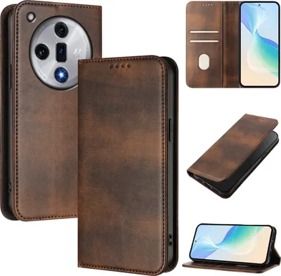 Image de Etui pour Oppo Find X7, étui en cuir vintage avec protection RFID, fentes pour cartes, support Marron