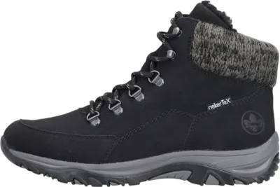 A side view of a black hiking boot with a gray sole and a knitted gray cuff.