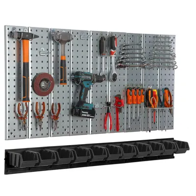 Produktbild von Werkzeugwand 117x72 cm Metall Lagersystem mit Werkzeughaltern Werkzeughaken 11 Stapelboxen schwarz Garage Steckbrett Elektrowerkzeuge Lochwand