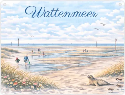 Produktbild von Wattenmeer Möwen Küstenszenario Metallschild in 15x20 cm
