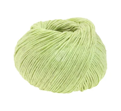A ball of green yarn on a white background.