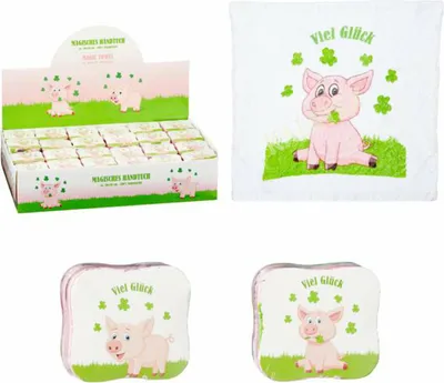 Produktbild von 1x Magisches Handtuch Viel Glück Schwein Kleeblatt Waschlappen 30cm Kinder Mitgebsel