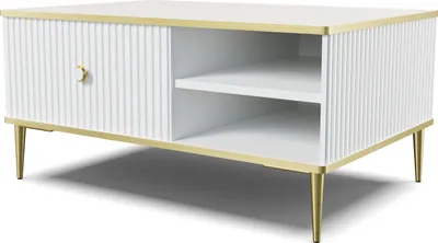 Obrázek produktu pro Konferenční stolek PETRA 90x60 cm BÍLÝ MATNÝ se zlatými kovovými nohami Konferenční stolek do obývacího pokoje, moderní styl, se skrytým úložným prostorem, se zásuvkou, policemi