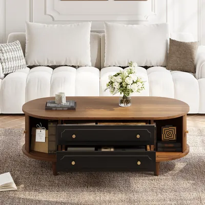 Produktbild von okwish Wohnzimmer-Couchtisch mit zwei Schubladen,Kaffeetisch,Sofatisch mit Rolltür,Wohnzimmertisch mit 4 Stützbeinen,Nussbaum