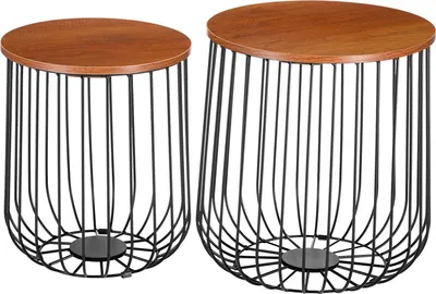 Two round side tables with wooden tops and black metal wire bases are shown against a white background.