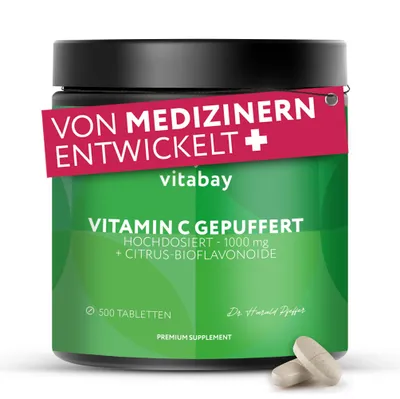 Produktbild von Vitabay Vitamin C 1000 mg – 500 vegane Retardtabletten mit Citrus-Bioflavonoiden – gepuffert – 16 Monate Vorrat