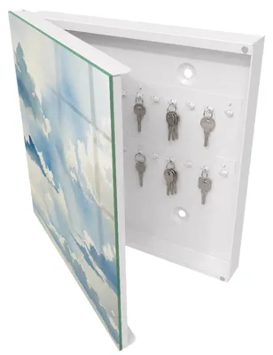 Produktbild von Weißer Metall-Schlüsselkasten, 30 x 30 cm – Schlüsselkasten zur Wandmontage mit Tür – Schlüsselkasten mit nach links öffnender Tür – praktischer Aufbewahrungsort für Schlüssel zu Hause – Wolken am Himmel, KI-generiertes Bild