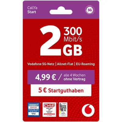 Produktbild von Vodafone Prepaid CallYa Start|2 GB|5 EUR Startguthaben|ohne Vertrag|5G-Netz
