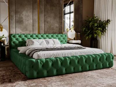 Obrázok produktu pre Čalúnená posteľ GRAINGOLD Glamour 180x200 cm Armani Bis - manželská posteľ Premium, zamatová látka, lamelový rám - posteľ so zásuvkou - zelená (Magic Velvet 2225)