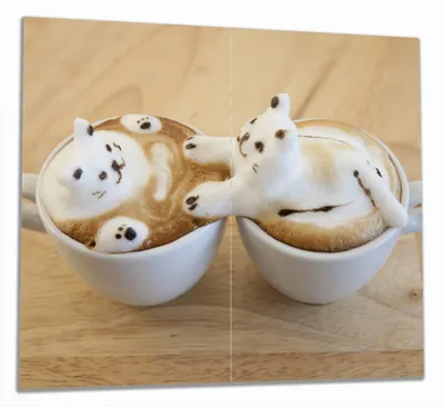 Produktbild von Wallario Herdabdeckplatte aus Glas, Größe 60 x 52 cm 2-teilig, Motiv Süße Milchschaum Katzen auf Kaffee
