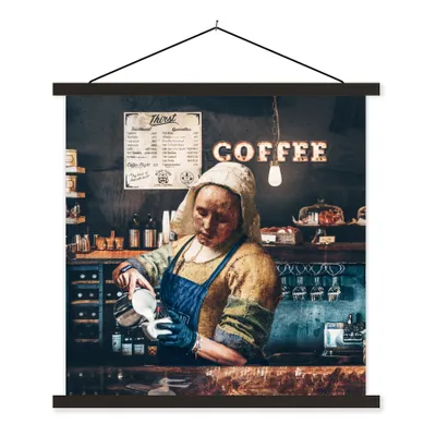Produktbild von MuchoWow® Textilposter Milchmädchen - Barista - Cappuccino - Vermeer - Kaffee - Kunst _ Malerei 60x60 cm mit schwarzem Rahmen - Posteraufhänger
