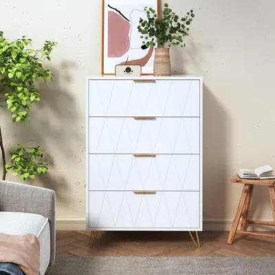 Immagine prodotto di Comodino con 4 cassetti, struttura in tessuto, mobiletto contenitore, bianco, 60x34x90 cm