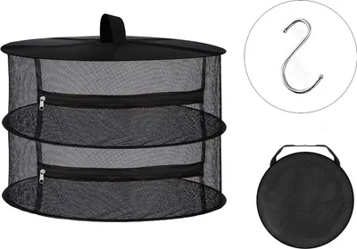 A black mesh drying net with three levels and zippers, shown unfolded and folded, along with an S-hook.
