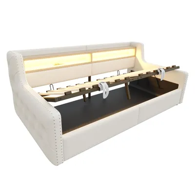 Produktbild von Flieks Schlafsofa Tagesbett 90x200cm mit Stauraum, Polsterbett Jugendbett mit Led, Sofabett Einzelbett mit Ladefunktion, Samt, Beige