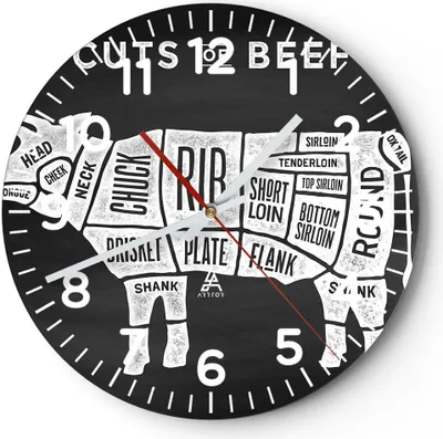 Produktbild von Wanduhr - Rund - Glasuhr - Kuh Rindfleisch Kochen Grafik - 40x40cm - Schleichendes Uhrwerk - Lautlos - zum Aufhängen bereit - Dekoration Modern - Wanddekoration aus Glas - C4AR40x40-3156