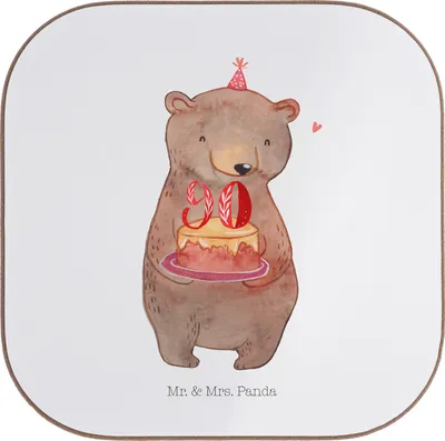 Produktbild von Mr. & Mrs. Panda Untersetzer für Gläser Bär Torte 90. Geburtstag - Weiß - Geschenk, Kuchen, Coaster, Holzuntersetzer, gläseruntersetzer, Glas, Tischuntersetzer