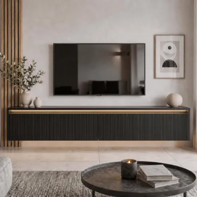 Produktbild von Modernes TV-Lowboard 170 cm LUMI III Schwarz Matt - Hängender Fernsehschrank mit LED-Beleuchtung & Push-to-Open