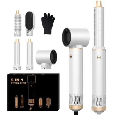 Produktbild von UKLISS 5-in-1 Air Styler mit Coanda-Technologie, 1000W, Dual Voltage, Ionenpflege, inkl. 5 Aufsätze, Weiß matt / Champagne Gold, Ohne Logo