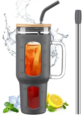 Imagen del producto de Vasos de vidrio con tapa, 1400 ml, taza para café helado con asa, libre de BPA, color gris