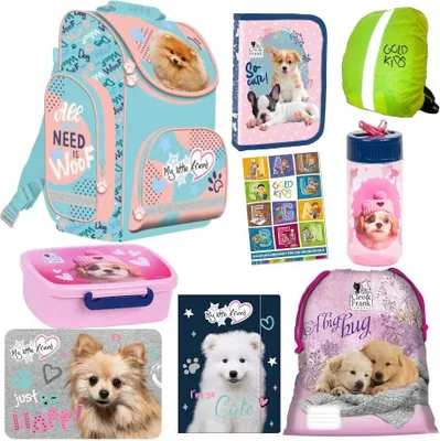 Produktbild von Set 9er Schulranzen Ranzen Tornister Federmappe Turnbeutel Brotdose Trinkflasche Malunterlage Regenschutz Aufgabenheft für die Grundschule Hund Dog Motiv