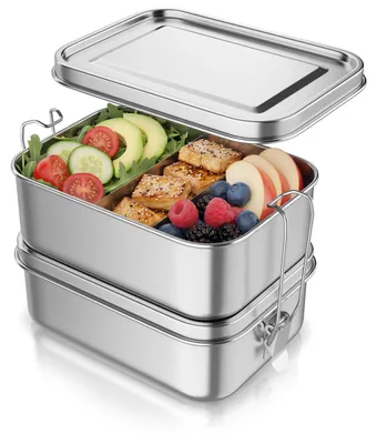 Productafbeelding van Arendo lunchbox van roestvrij staal met 2 compartimenten, 2x 850 ml, broodtrommel van 1700 ml met 4 verdelers, siliconen afdichtingen, sluiting met clip, geschikt voor de vaatwasser en vriezer, zilver