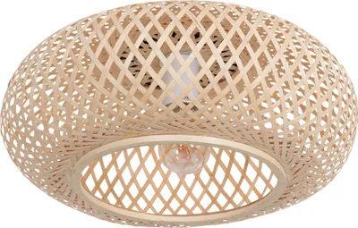 A close-up view of a beige wooden ceiling lamp with a woven design.
