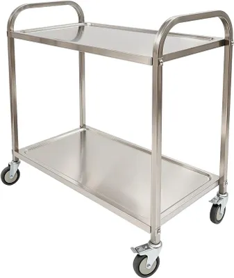 Productafbeelding van Roestvrijstalen servicekar met 2 plateaus, handwagen met 4 wielen (2 met rem), capaciteit 75 kg, geschikt voor keuken, restaurant en hotel