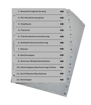Produktbild von europrotokoll Ordnerregister für Haustiere, durchdachtes Register für DIN A4 Ordner, Tierordner für Hund, Katze und Pferd, lichtgrau