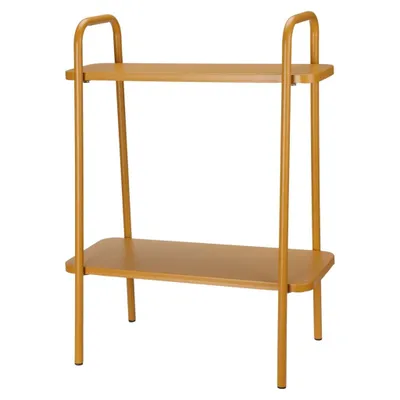 A two-tiered shelf unit with a matte mustard yellow finish, presented against a white background.