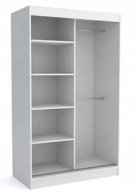 A white wardrobe with open doors, showing shelves on the left and a hanging rail on the right.