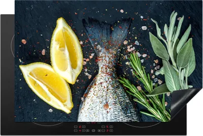 Produktbild von KitchenYeah© Herdabdeckplatte Fisch - Zitrone - Kräuter , 81x52cm, Küche Deko, Glaskeramikkochfeld Herdabdeckung, Abdeckplatte fùr Kochfeld