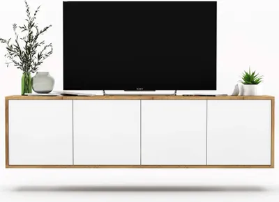 Produktbild von TV-Wandschrank TV-Schrank Fernsehschrank Apollo 2 Viertürig Modern Lindner Möbel 150cm x 39cm x 35cm Farbe: Wotan Eiche matt - weiß matt