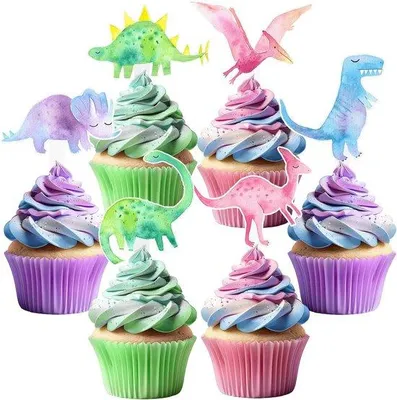 Produktbild von Cupcake Topper Set mit Dinosauriern in Rosa, 36 Stück - Kindergeburtstag Dekoration
