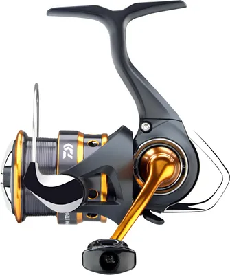 A studio shot of a fishing reel against a white background.