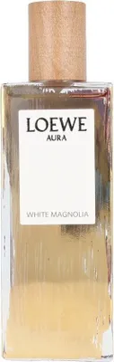 A clear, front-facing studio shot of a Loewe Aura White Magnolia Eau de Parfum bottle.