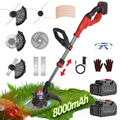 Produktbild von Akku-Rasentrimmer 21V mit 2× 4000mAh Akku, Freischneider, Motorsense, mit Messer und Ladegerät, Teleskop-Stiel & Zusatzhandgriff, für Garten Hof, Rot