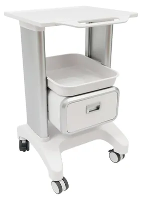 Produktbild von Salon-/Klinik-Rollwagen - 3-stöckiger Servierwagen - ABS, 1 Schublade + 2 Ablagen, 100 kg Traglast, 4 Lenkrollen (2 mit Bremse), Höhe 76 cm - Weiß