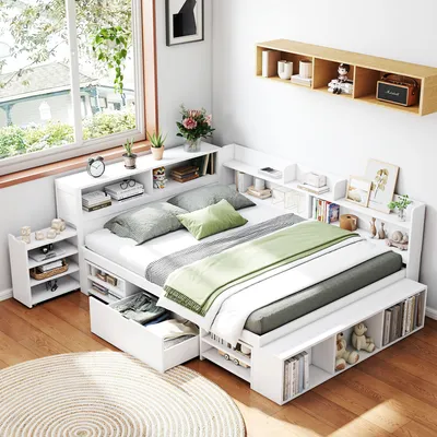 Produktbild von MODFU Kinderbett Schlafsofas Holzbett 140x200cm mit Schubladen und Lattenrost, Jugendbett mit Bücherregal und Stauschrank, großer Stauraum, weiß