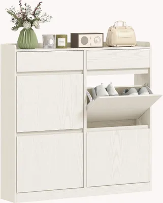 Image de Armoire à chaussures - Basculeur de chaussures - 4 compartiments rabattables - 98 x 19,2 x 95,3 cm - Design moderne et minimaliste - Bois - Blanc imitation bois
