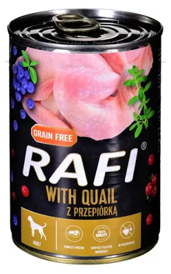 Zdjęcie produktu dla Dolina Noteci Rafi, Dorosły, Każda rasa, Gigant (> 45 kg), Maxi (26 - 44 kg), Średnie (11 - 25 kg), Mini (5 - 10 kg), XS (<4 kg), Przepiórka, 400 g