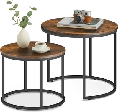 Produktbild von Couchtisch 2er Set Rund Beistelltisch Loft Design 2 in 1 Verschachtelung kratzfeste Oberfläche, Wohnzimmer | 53cm und 43cm Breit Rustikal-Eiche mit schwarzen Beinen