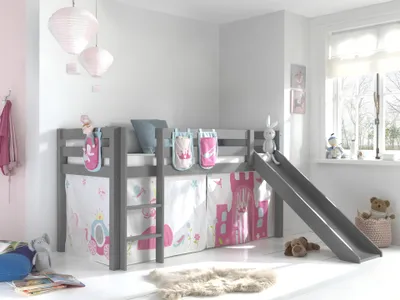 Image de Vipack lit de jeu Pino incl. toboggan avec set textile rideau et 3 sacs "Princes