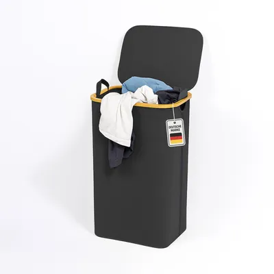 Produktbild von Roxlin Wäschekorb mit Deckel 100L – Faltbarer Wäschesammler mit herausnehmbarer Tasche – Bambusrahmen & langlebiges Material – Platzsparend